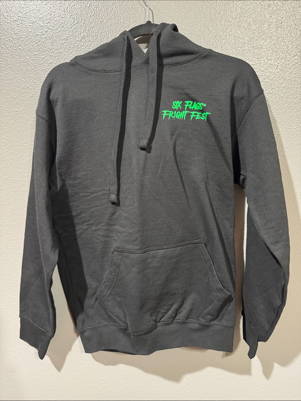 Six Flags Fright Fest Black Pullover Hoodie with Neon Green Logo